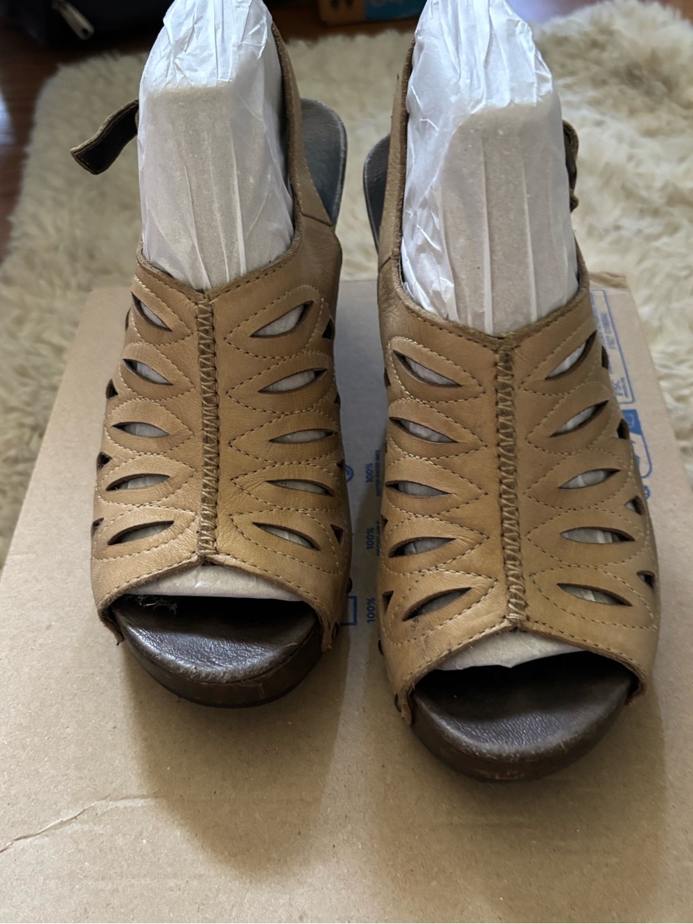 Dansko Tan Cutout Peep-Toe Wedge Sandals